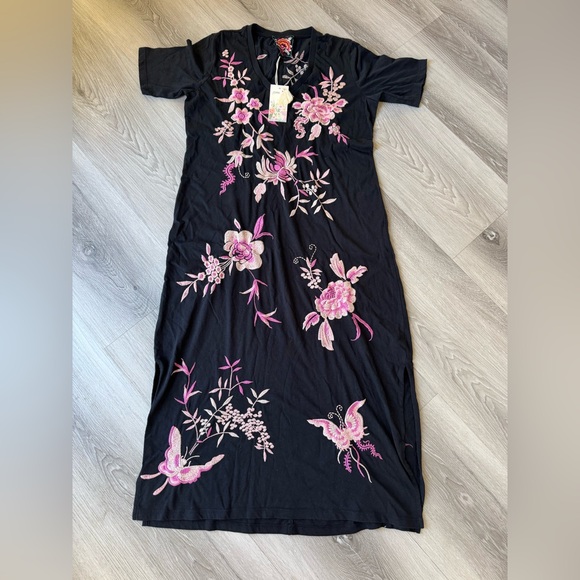 Johnny Was Trapunto V-Neck Rosalyn Black Dress with Pink Floral Design size PXS - Picture 3 of 9